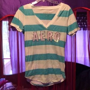 Aeropostale teal and white striped tee with logo
